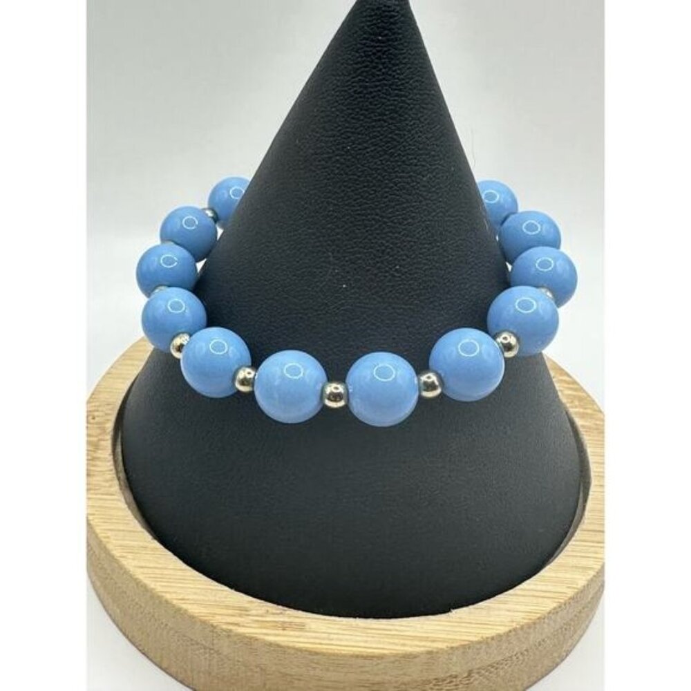 Baby Blue Beaded Stretch Bracelet With Silver Tone Spacers
